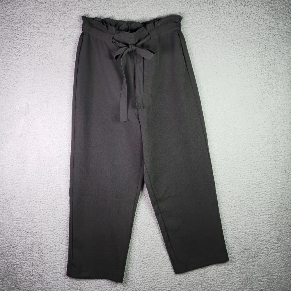 Adrianna Papell Black Paper Bag Wide Leg Pants Tie Waist Office Core Workwear